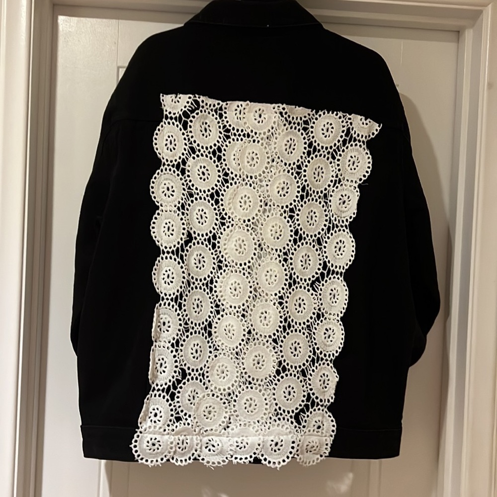One-of-a-Kind Customized Lace Trucker Denim Jacket Black Oversized Fit Large